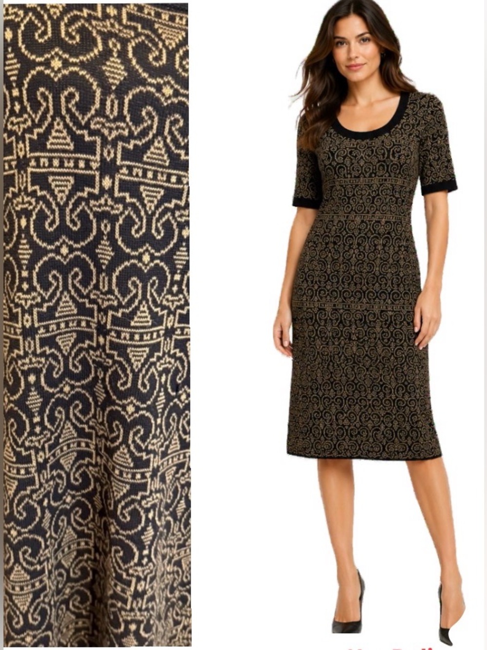 Peruvian Connection, Black and Gold knit 100% Pima Cotton Midi Dress, Size L